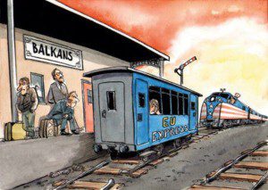 Vignetta di Peter Schrank, Economist: l'Europa è troppo debole per guidare i Balcani, serve un aiuto?