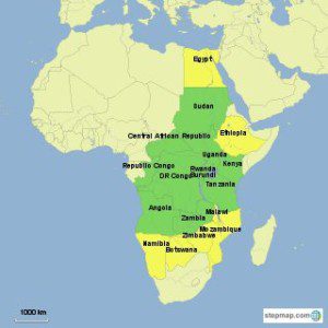 Mappa dell'Africa con la disposizione dei Paesi membri della CIRGL (verde) e di quelli associati (giallo)