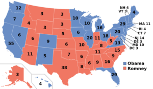 Risultati delle elezioni generali del 2012. In rosso gli Stati repubblicani, in blu quelli democratici
