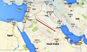 La linea rossa rappresenta la barriera progettata in prossimità del confine iracheno