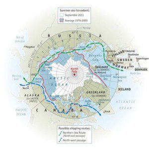 Cambio dell'estensione dei ghiacci dal 1979 e nuove rotte - fonte: The Economist