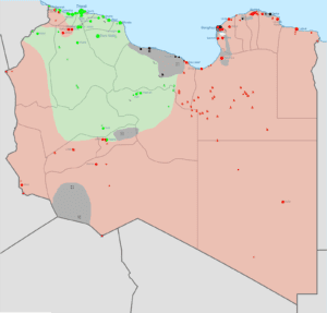 Una sintesi degli schieramenti: in verde il Governo di Tripoli a maggioranza islamista, in rosso il Governo di Tobruk riconosciuto a livello internazionale, in nero le milizie jihadiste