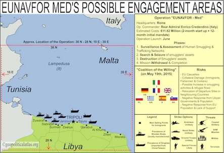 L'operazione navale UE EUNAVFOR MED e la zona di costa vicino a Tripoli - mappa di geopoliticalatlas.org