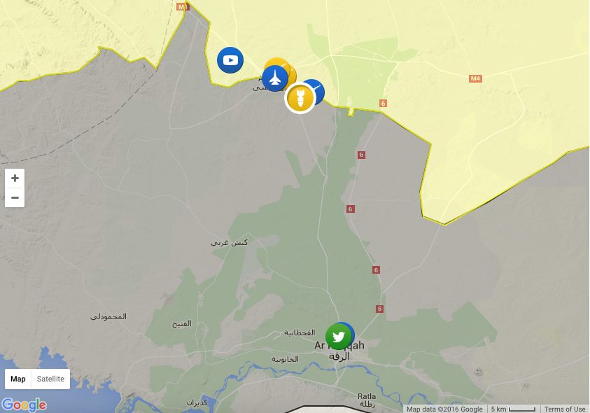 Le zone controllate dai Curdi (in giallo) nella loro avanzata verso Raqqa. Fonte: Syria liveuamap