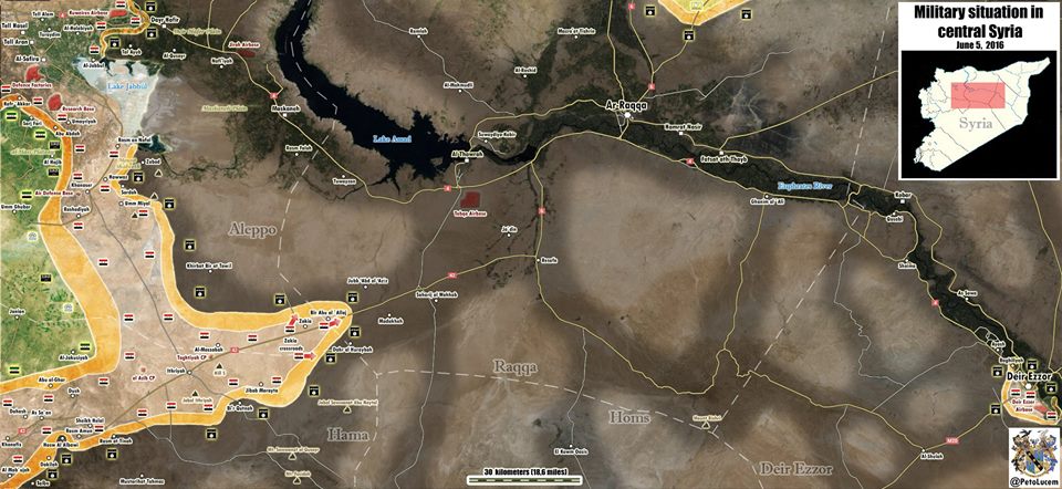 Avanzata siriana verso Tabqa e Raqqa al 6 giugno 2016 - fonte @petolucem