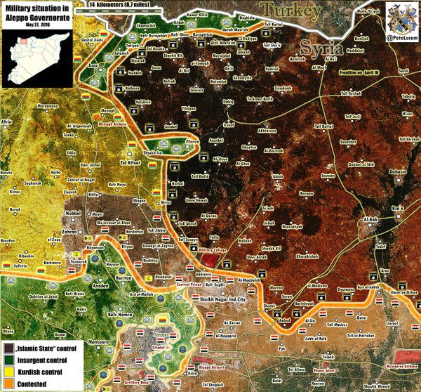 Zona a nord di Aleppo, tutti contro tutti. Al centro (verde) la zona di Mare' circondata dall'ISIS (colore più scuro). Fonte: @petolucem