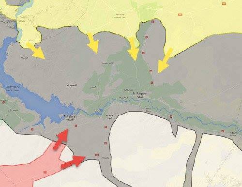 Le quattro direttrici degli attacchi Curdi verso Raqqa (in giallo). Fonte: @markito0171