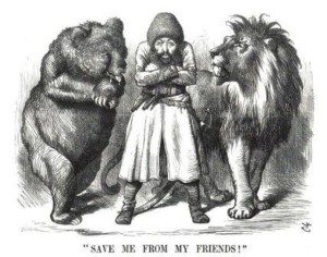 La vignetta, risalente all'epoca della seconda guerra anglo-afghana, ben rappresenta il ruolo dei paesi asiatici, stretti tra le ambizioni dell'orso russo e quelle del leone britannico